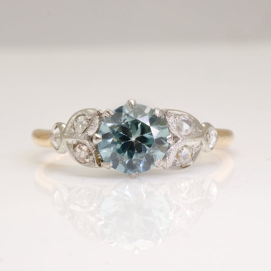 Art Deco Blue Zircon and Diamond Ring