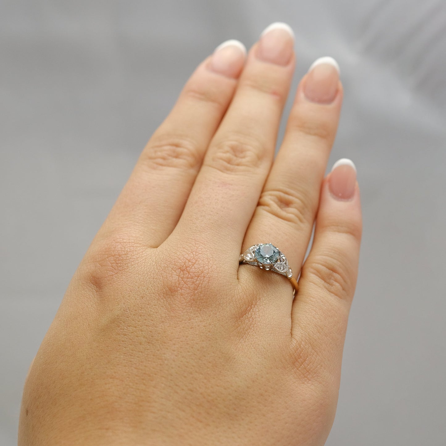 Art Deco Blue Zircon and Diamond Ring