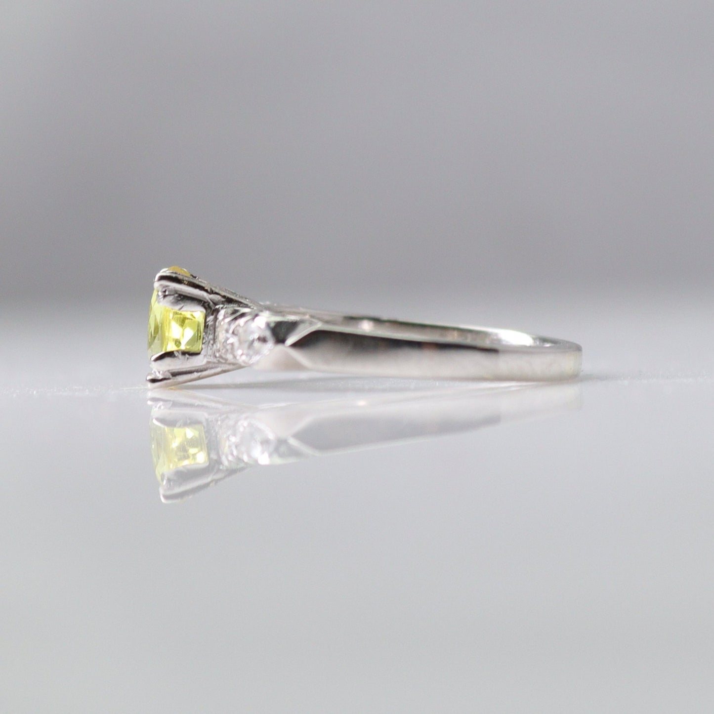 Art Deco Platinum Yellow Sapphire and Diamond Solitaire Ring