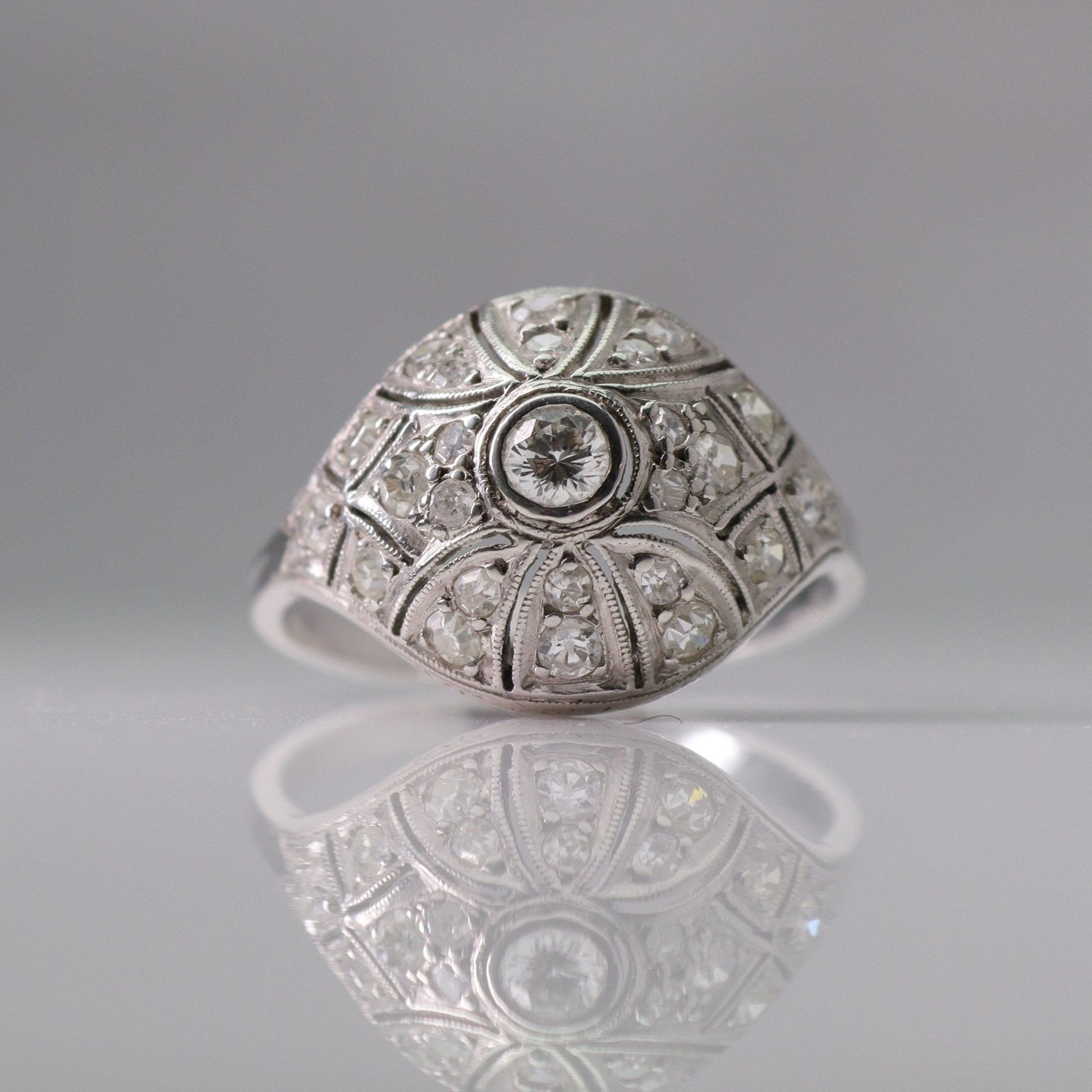 Art Deco Diamond White Gold Bombe Style Ring - Friar House