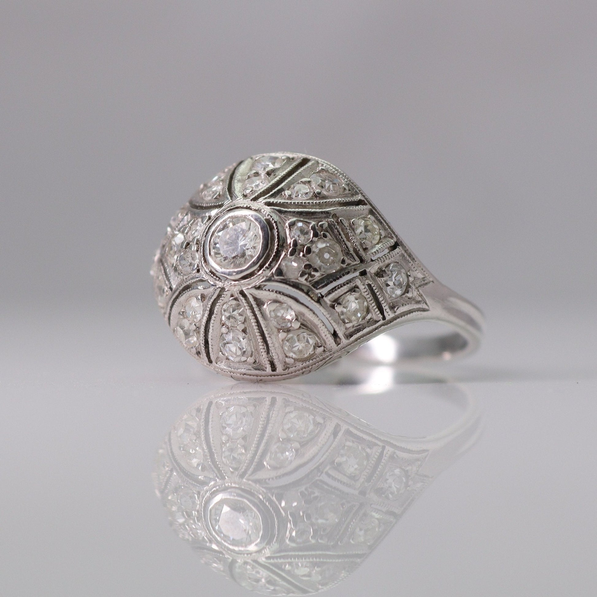 Art Deco Diamond White Gold Bombe Style Ring - Friar House